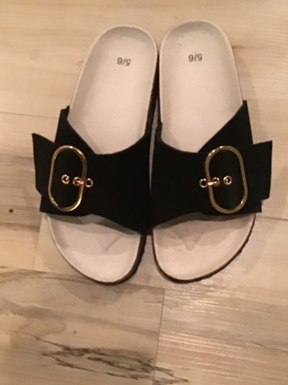 Black Slide Sandals with Gold Buckle - Women's Casual Comfort